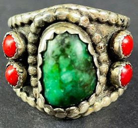Native American Style Turquoise And Coral Ring, Sz 8.5-9.
