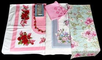 2 Beautiful Vintage Tablecloths With April Cornell Runner, Vintage Name Cards, And Embroidered Tea Towels