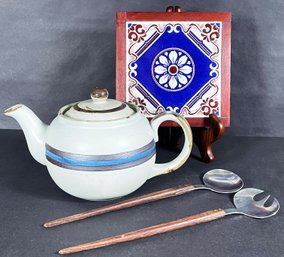 Mid Century Ceramic Teapot With Trivet And Serving Spoons