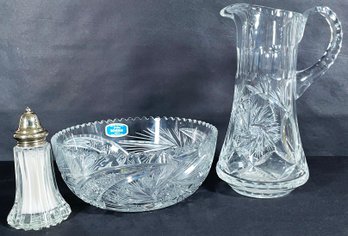 Bohemian Crystal Bowl With Pitcher And Shaker