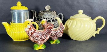 Fransiscan & Other Ceramic Teapot With Marston California Roosters (as Is), & Teapot Trivet