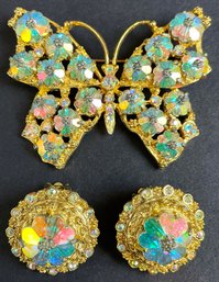 Gorgeous Vintage Butterfly Demiparure Pin And Earrings