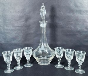 Lovely Etched Glass Decanter And Matching Cordial Glasses