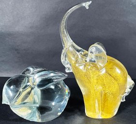 Art Glass Bunny And What Appears To Be A Murano Glass Elephant