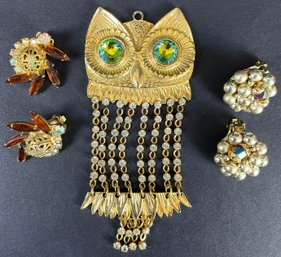 Large Vintage Owl Pendant With Vintage Clip Earrings.