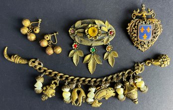 Vintage Base Metal Pins, Earrings, And Charm Bracelet