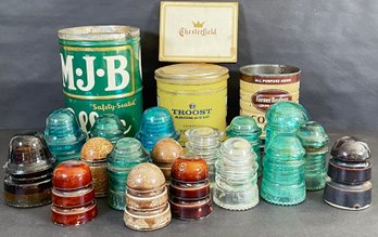 Vintage Glass Insulators, Coffee & Tobacco Tins