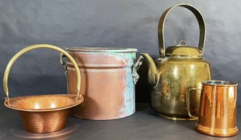 3 Vintage Copper Vessels & Brass Kettle