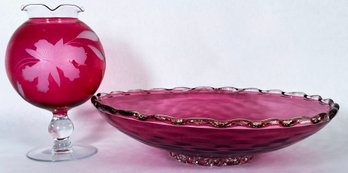 Vintage Cranberry Glass Serving Bowl & Etched Goblet Vase