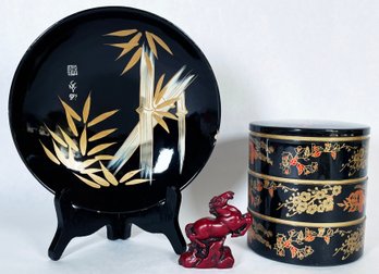 Asian Style Decor- Nesting Trinket Box, Hand Painted Plate & Stone Horse