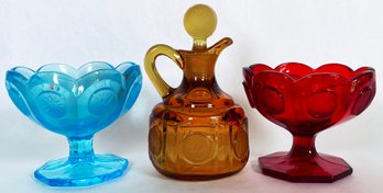 Fostoria Coin Glass Amber Cruet With Blue And Ruby Red Jam Dishes