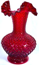 Vintage Fenton Red Hobnail Ruffle Glass Vase