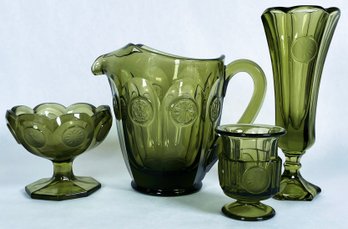 Vintage Fostoria Green Coin Glass Pitcher, Jelly Dish, Cigarette Urn, And Bud Vase