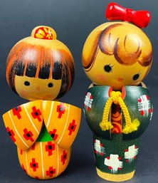 Pair Of Japanese Kokeshi Dolls - Green & Yellow Kimono