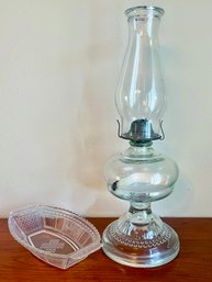 Antique Oil Lamp And Pressed Glass Candy Dish