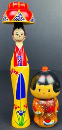 Pair Of Signed Japanese Kokeshi Dolls - Tall & Petite