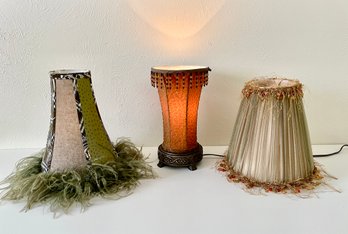 Beaded Console Lamp And 2 Feathered Lamp Shades