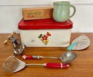 Vintage Kitchen Utensils, Ceramic Milk Pitcher, Cheese Box, & Tin Bread Box