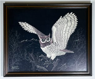 'The Great Horned Owl' Scratch Painting Signed Richard Reid Mason