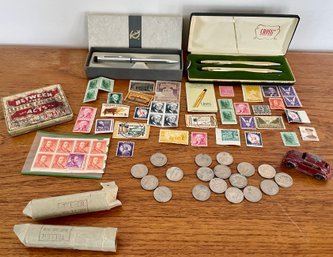 Cross & Garland Pens, Vintage Stamps, Mini Cigar Tin, $4 Of Nicklels, & Die Cast Car