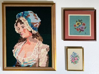 3 Lovely Framed Cottagecore Vintage Needlepoints