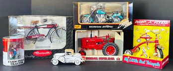 Vintage Die-cast Vehicles In Original Boxes- Roadmaster Luxury Liner, Honda Shadow, Ford Roadster Bank & More!