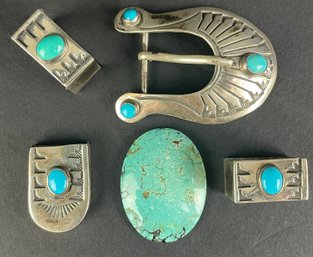 Sterling And Turquoise Belt Buckle, Marked Navajo & What Appears To Be Loose Turquoise Cabachon