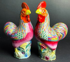 Pair Of Colorful Pottery Roosters