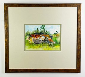 Framed Mountain Cabin Watercolor Signed By Artist Noni Bouzan