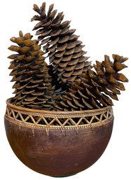 Large Decorative Pinecones In Wooden Bowl