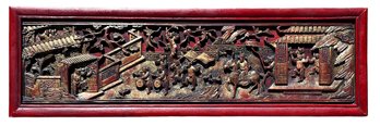 Carved Rosewood Lacquered Panel Of An Asian Parade Scene