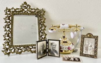 Heavy Tabletop Mirror, Vintage Pictures, & Antique Style Telephone