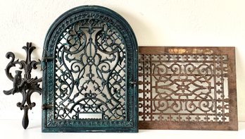 Vintage Iron Grate & Stove Door With Antique Style Wall Hook