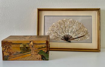 Framed Asian Fan And Painted Leather Box