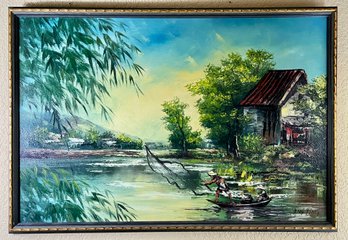 Original Vintage Fisherman Oil Painting Signed By Tang Ping