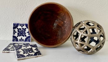 Danish Wood Bowl, Metal Sphere, & Tiles