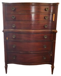 Drexel Mahogany Bow Front High Boy Dresser With Brass Pulls