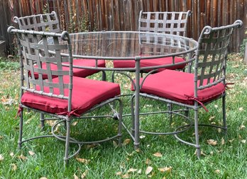 Round Glass Top Patio Table & 4 Latticed Metal Chairs, Likely Brown Jordan