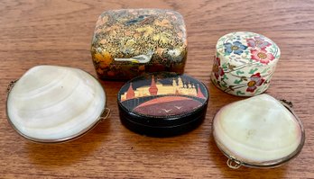 Painted Russian & Indian Boxes With Tiger Clam Pill Boxes
