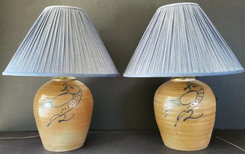 Pair Of Lovely Signed Cornwall Bridge Salt Glazed Table Lamps