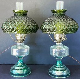 2 Gorgeous Vintage Green Art Glass Table Lamps