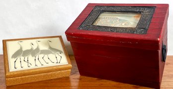 2 Pretty Vintage Trinket Boxes With Cranes & Fish