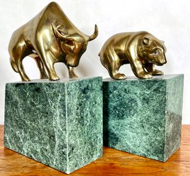 Solid Brass & Striking Green Stone Bull And Bear Bookends