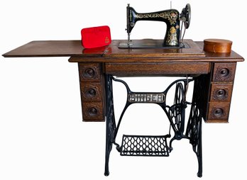 Antique Singer Sewing Machine Table & Supplies