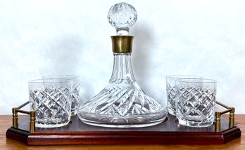 Vintage Cut Crystal Ship Captain's Decanter Set W/ Wooden Tray