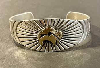 Signed Sterling And 14k Gold Native American Cuff Bracelet With Buffalo Motif