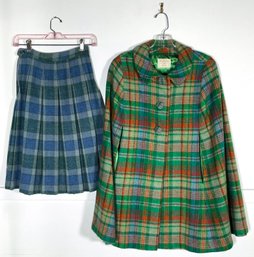 Vintage Handmade Plaid Wool Cape & Pleated Skirt