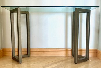 Modern Glass Top Side Table With A Dark Gray Metal Base