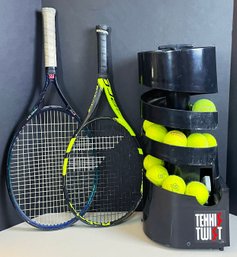 Tennis Twist Ball Machine & 3 Tennis Rackets - Babolat, Dunlop & Wilson