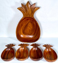 Vintage Monkey Pod Wood Pineapple Serving Bowl & 4 Salad Bowls